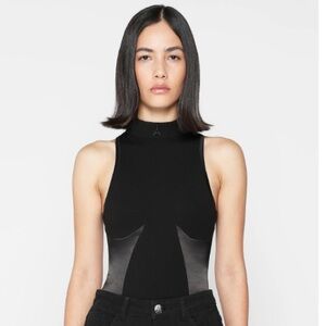 Maniere De Voir Black Satin Detailed Bodysuit With Snap Closure
